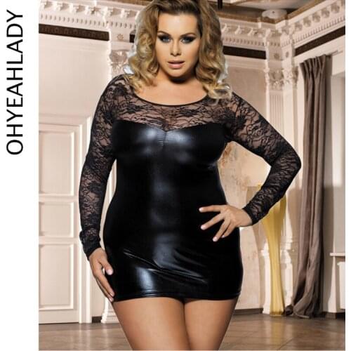 Comeondear Sex Lingerie Hot Black Lace Plus Size Faux Leather Sex Lingerie Dress Sexy Costumes Erotic Lingerie Babydolls RJ7393