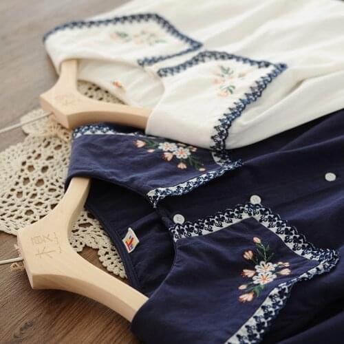 Lamtrip Retro Forest Embroidery Square Collar Single Breasted Long Sleeve Cotton Shirt Blouse 2021 Autumn New