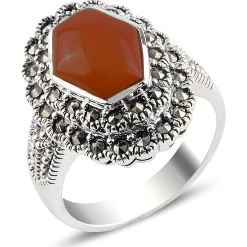 Silver 925 Sterling Red Agate & Marcasite Ring