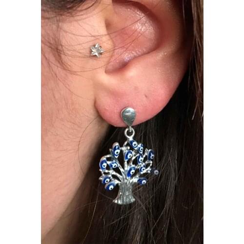 Life Tree Eye Motif Oxidized Filigree Silver Lady Earrings