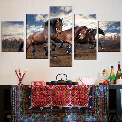 Modern Home Decor Living Room Canvas 5 Panel Fine Horse Running Framework Wall Art Poster HD Print Painting Modular Pictures