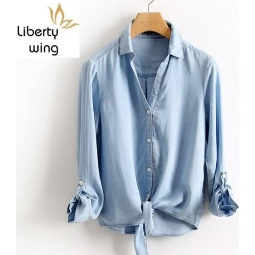 Spring Summer Lightweight Womens Denim V-Neck Irregular Office Short Blouse Women Loose Fit Solid Jean Shirts Tops