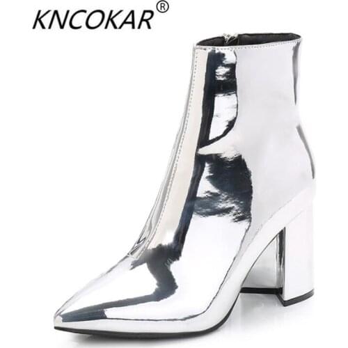 KNCOKAR 2018 Bright leather chunky metal ankle boots patent leather silver Martin boots female side zipper villi Short boots