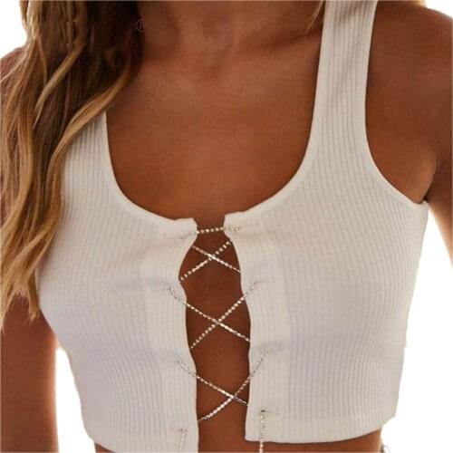 Summer Sexy Solid Color Sleeveless Front Chest Chain Cropped Wild Fashion Tank Top Shirt For Women and Girl 2020 New Arrival
