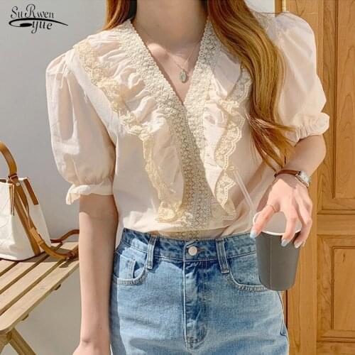 Fashion Summer Short Sleeves Ruffle Stitching Loose Women Tops 2021 Casual Sweet Crochet Shirt Korean V-neck Lace Blouse 14240