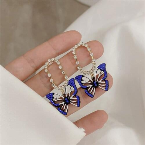 Origin Summer Exquisite Bling Bling Butterfly Dangle Earring for Women Hollow Rhinestone White Blue Metallic Earring Jewellery