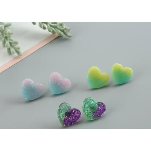 1pair Women Earring 17*19mm Colorful Gradient Glitter Resin Heart Stud Earrings for Girls Jewelry