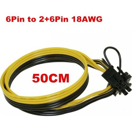 1pcs 50CM 18AWG GPU PCIE PCI-Express 6Pin Male to 8Pin (6+2) Male Graphics Video Card Power Cable for BTC Ethereum Miners Mining