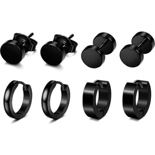 4 Pairs Men Earrings Set Stainless Steel Punk Men Studs Rings Earrings Hoops Tragus Cartilage Men Body Piercing Jewelry Gift