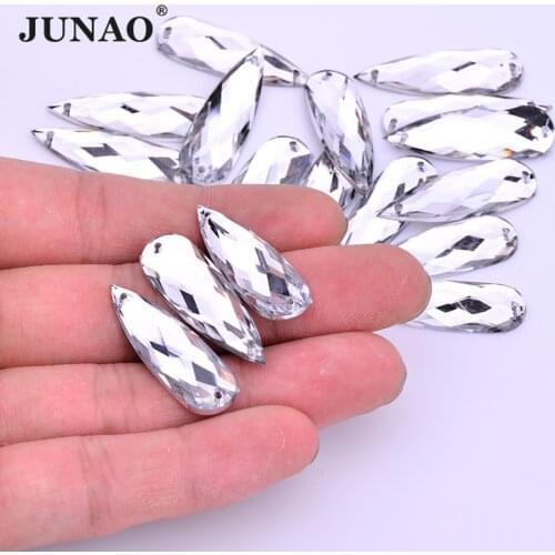 JUNAO 10x30mm Sewing Clear White Teardrop Crystal Rhinestone Applique Large Flatback Stone Sewn Acrylic Strass for Garment