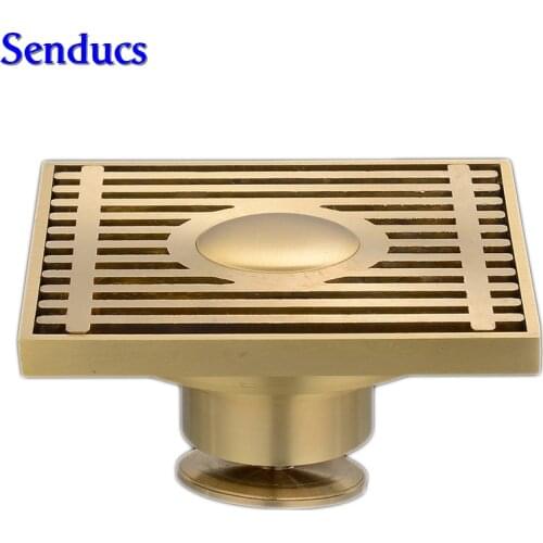 Free shipping Suqare bathroom floor drain with solid brass drainer and 10x10cm Brass gold Brushed Floor Drain Bathroom drains