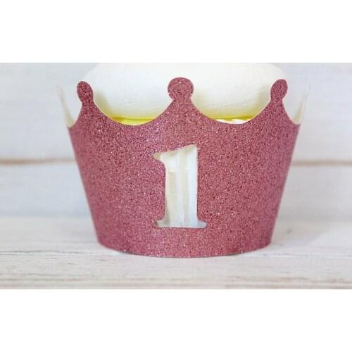 Glitter custom initial or number Pink Princess Crown wedding Cupcake Wrappers Birthday, bridal baby Shower Holiday party decors