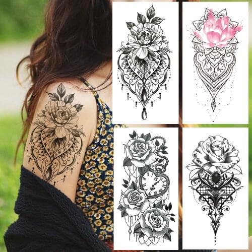 Big Lily Peony Flower Temporary Tattoo For Women Adults Fake Jewelry Tattoos Sticker Lotus Pendants Black Tatoos Body Chests