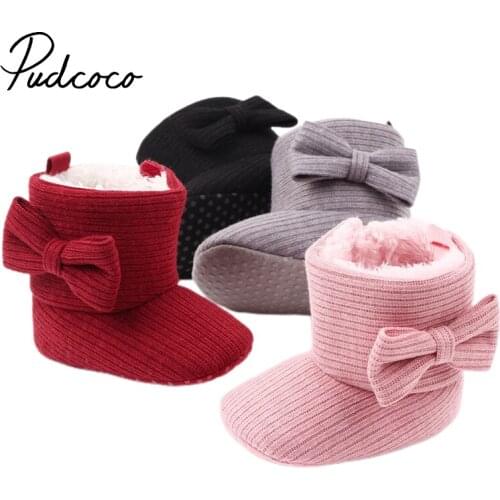 Pudcoco 2020 Baby Girls Boys Snow Boots Winter Warm Solid Soft Sole Anti-Slip Crib Shoes Cozy Bowknot Booties
