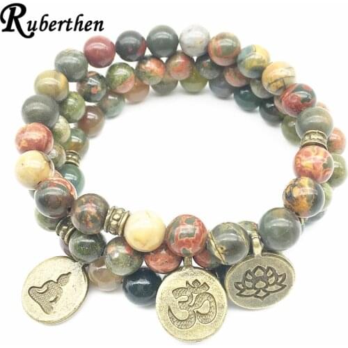 Ruberthen On Sale High Quality Bracelet Antique Brass Om Lotus Charm Bracelet Natural Stone Jewelry Yogi Gift