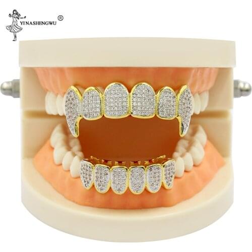 Teeth Grillz Hip Hop Grillz Iced Out CZ Fang Mouth Caps Top & Bottom Tooth Set Men Women Vampire Grills Body Jewelry For Men New