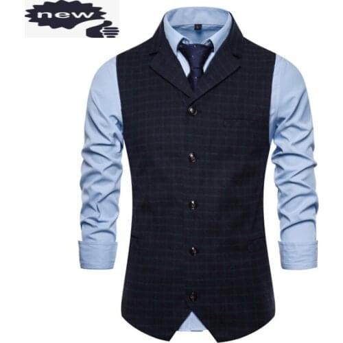 Business Man Slim Fit Plaid Vest Fashion Single Breasted Office Work Mens Sleeveless Waistcoat Groom Wedding Suit Vests Top 3XL