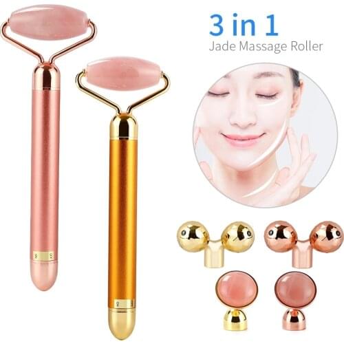 3 In 1 Electric Jade Roller Slimming Face Massage Lifting Vibrating Natural Rose Quartz Jade Roller Stone Facial Beauty Tool