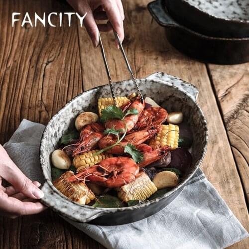 FANCITY Ceramic two-eared baking tray, home cheese rice plate, oven-specific creative baking bowl