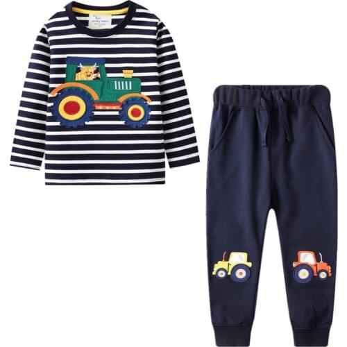 Kids Winter Clothes Set for Boys Stripes T shirt Cotton Trousers with Cars Print Sports Clothes Suits