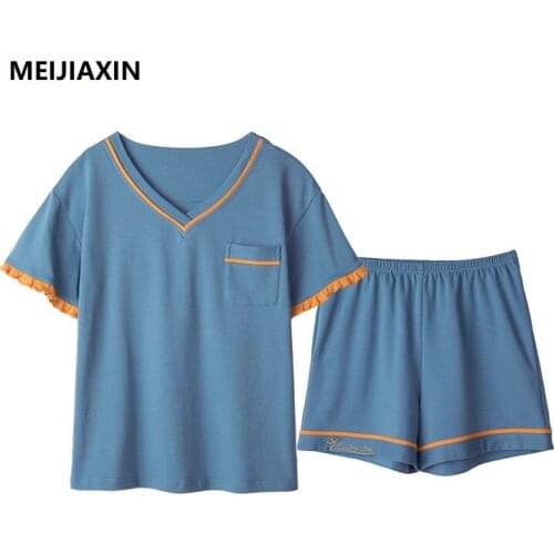 Summer Pajamas For Women Knitted Cotton Sleepwear Short Sleeve V-neck Casual Soft Sweet Big Size M-XXL Female Homewear Nightwear