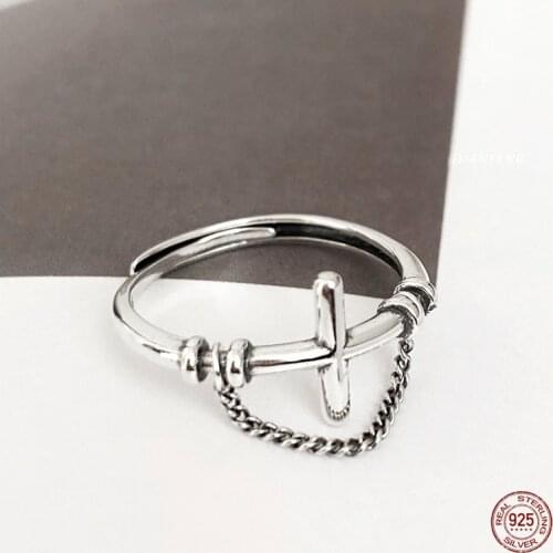 LKO 925 Sterling Silver Vintage Personality Punk Cross Chain Opening Adjustable Rings Jewelry for Women Men Party Ornaments