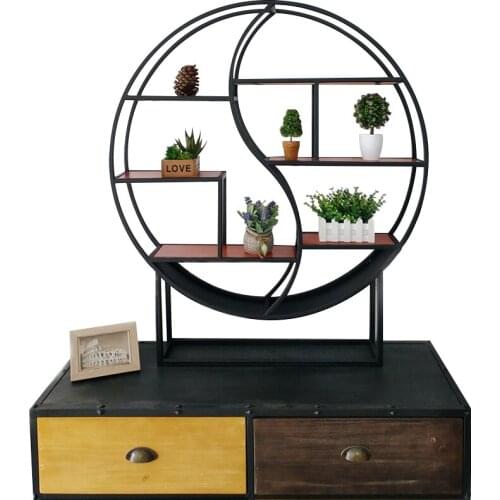 European style living room wall hanging rack creative solid wood shelf partition wall round display decorative frame