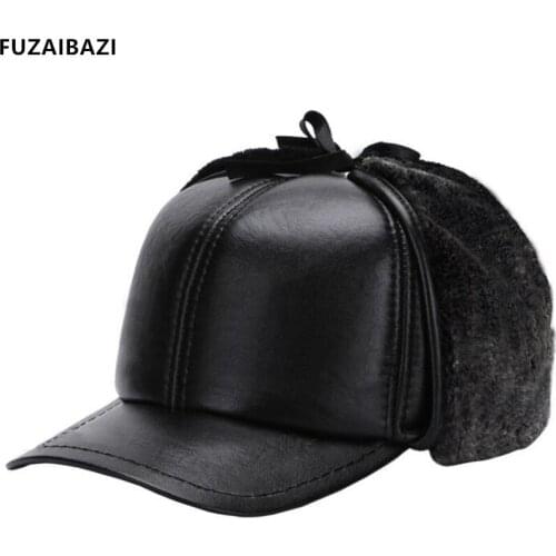 FUZAIBAZI New Genuine Leather Winter Sheepskin Thermal Bomber Cap For Men Fashion Velvet Thicken Ear Protection Warm Dad Hat
