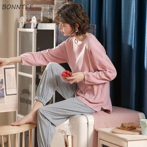 Pajama Sets Women Long Sleeve Ankle-Length Fall Spring Basic Simple Casual Soft College Girls Sleepwear Korean Popular Nightwear