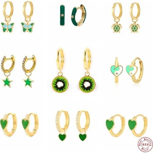 Aide 925 Sterling Silver Green Enamel Kiwifruit Pendant Hoop Earrings Dripping Oil Heart Butterfly Turtle Charm Huggie Earrings