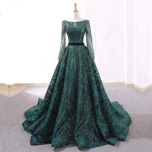 Luxury Evening Dress 2021 New Elegant Long Sleeve Slim Dark Green Slim Banquet Birthday Party Formal Vintage Prom Dress A169