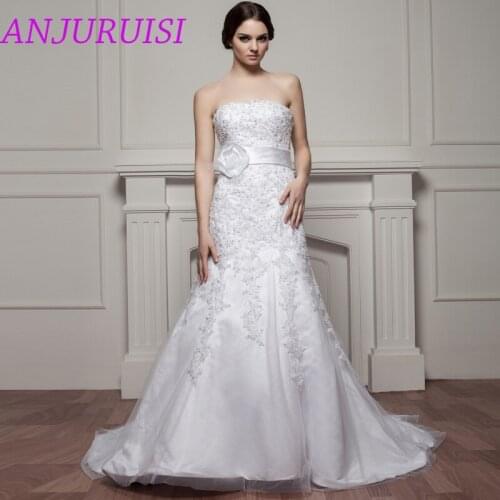 ANJURUISI Luxury Appliques Tulle Mermaid Wedding Dresses 2020 Strapless Beaded vestidos de noiva robe de mariage With Belt