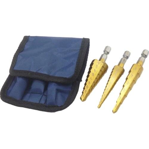 3pc HSS Titanium Coated Step Drill Bit 3/16"- 1/2" 1/4" - 3/4" 1/8" - 1/2" Cone Drill Bit Set Cut Metal Wood Drilling Power Tool