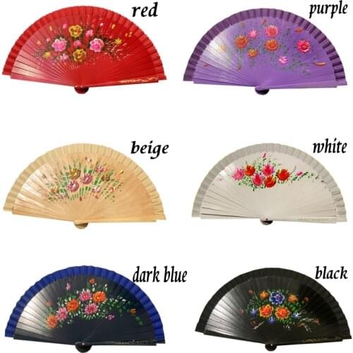 12PCS Hand Painted Flower Design Spanish Style Craft Wood Fan With Mixed Colors Pocket Gift Portable Party or Home Decorations