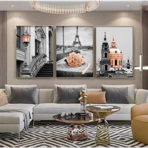 Vintage Abstract Buliding Canvas Painting Rose Gold Flower Poster Eiffel Tower Art Prints Living Room Wall Picture Fashion Decor