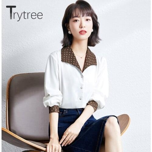 Trytree 2021 Spring Summer Women Blouse Casual Geometric Turn-down Collar Pearl Single Breasted Shirt Office Lady Tops For Women