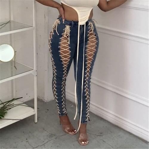 KEXU High Waist Bandage Grommet Hollow Out Sexy Lace Up Pencil Pants Blue Denim Trousers Women Streetwear