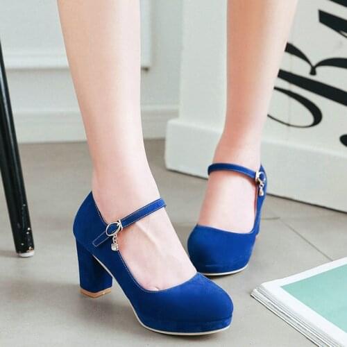 AGODOR Casual 2020 Women High Block Heel Mary Jane Pumps Shoes Ladies Flock Pumps Shoes Round Toe Elegant Pumps Size 34-43