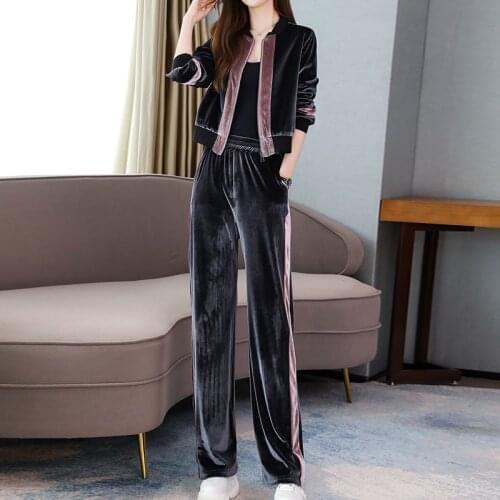 Autumn Winter Korean Tracksuit Women Casual Velvet Slim Fashion Casual Sports Femme Elastic Waist Wide Leg Pants Set Short Coat