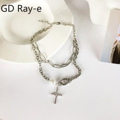 Fashion Students Crystal Gothic Women Necklace Cross Charm Hip Hop Metal Double Layer Pearl Neckchain Trendy for Girls 684Y