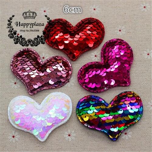 10pcs 6cm Glitter Paillette Heart Padded Patches Appliques For Clothes Sewing Supplies DIY Hair Bow Decoration