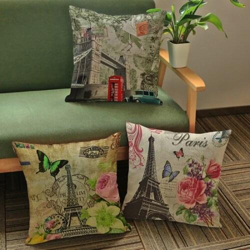 18" Square Eiffel Tower London Bridge Flower Pattern Design Home Decor Pillow For Sofa Vintage Stamp Style Cafe Shop Cushions