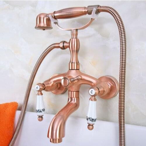 Antique Red Copper Brass Double Ceramic Handles Wall Mounted Bathroom Clawfoot Bathtub Tub Faucet Mixer Tap w/Hand Shower ana313