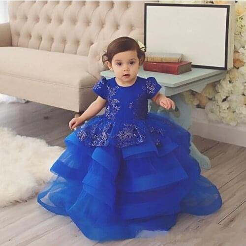 Ball Gown Baby Girls Dresses Short Sleeve Pageant Gowns Tiered Tulle Kids Formal Wear For Party Photoshoot