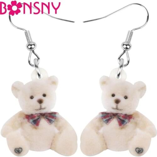 Bonsny Acrylic Sweet Bear Doll Toy Earrings Dangle Drop Animal Fashion Novelty Jewelry Gift For Women Girl Teen Charm Decoration