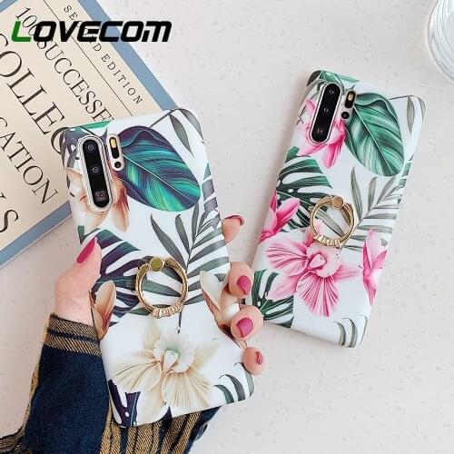 Retro Leaf Flower Phone Case With Ring Holder For Huawei P20 P30 P40 Pro P20 P30 Lite Mate 20 30 Lite Case Soft IMD Phone Cover