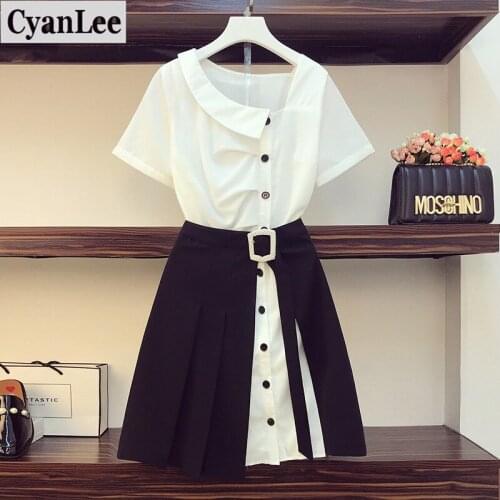 Cyanlee Plus Size Casual Shirt Skirt Suits Summer New Slash Neck Ruched Button White Long Shirt +Lace-up Black A-line Skirt Set