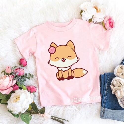 Cute Smiling Fox/Unicorn/Bear/Pig Animal Print Kids Pink T-Shirt Summer Baby Toddler Teen Girls Clothes Top Childrens T Shirt