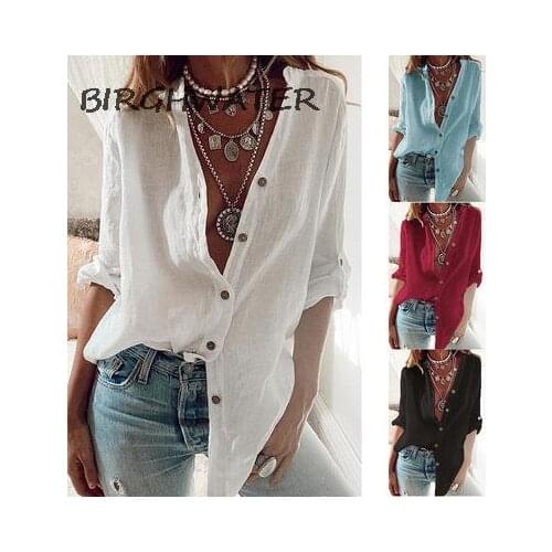 Elegant Female T-Shirt Autumn Office Business Loose Button Pure Color Casual Tops 2021 Plus Size V-Neck Long Sleeve T-Shirts