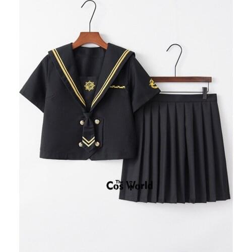 [Hackbuteer] Black Summer Navy Sailor Suit Tops Skirts JK High School Uniform Class Uniform Students Cloth